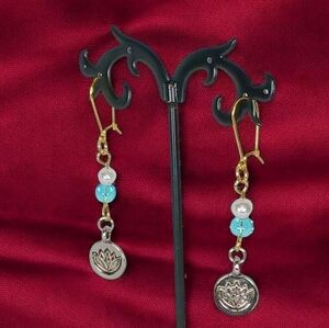 Coin Drop Earrings Mixed Metal Lotus Flower Dangle Drop Charms New Age Grunge